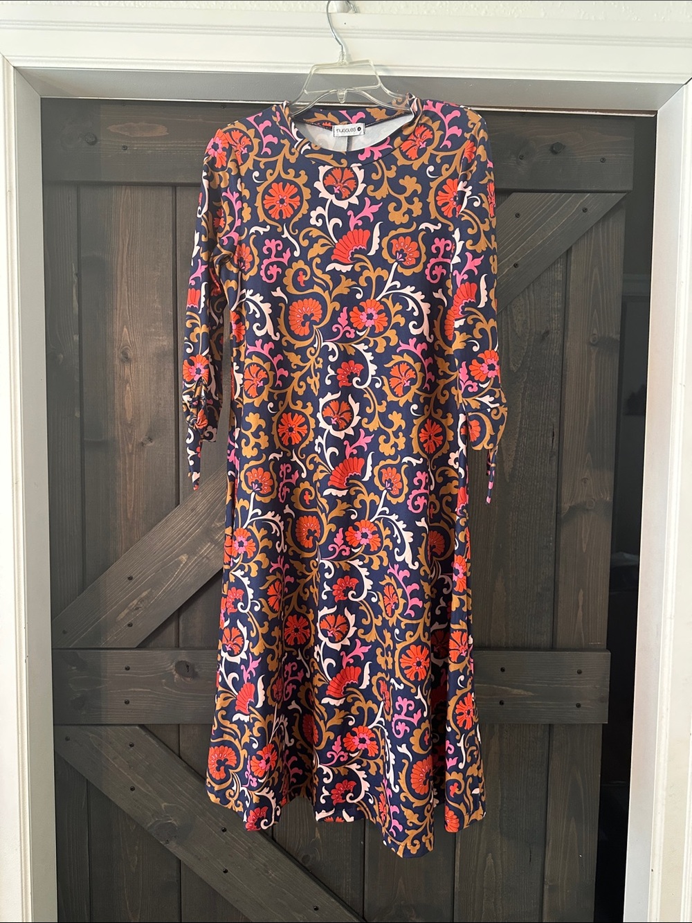 LuLaRoe Navy Floral Long Sleeve Swing Dress with Orange & Pink Accents